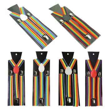 

Unisex Wide Adjustable Y-Back Suspenders Rainbow Colorful Striped Belt with Clip