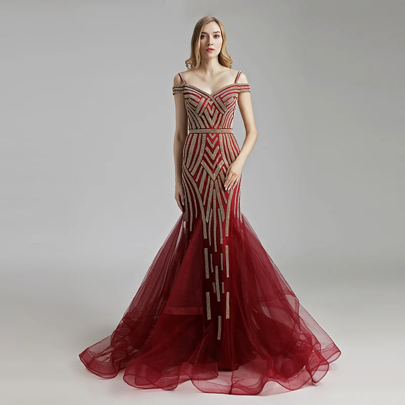 Burgundy Robe De Soiree Бургундия Русалка вечернее платье длинное Бисероплетение Кристалл с открытыми плечами на молнии без спинки для женщин Формальное вечернее платье LSX494 - Цвет: Burgundy