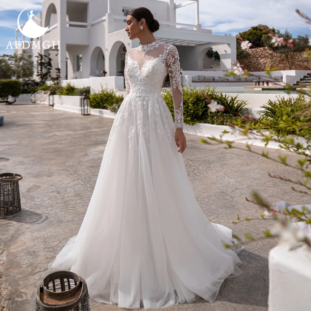 

Aedmgh A-Line Romantic Wedding Dresses 2024 High Neck Long Sleeve Robe De Mariee Beaded Appliques Bride Dress Vestido De Novia