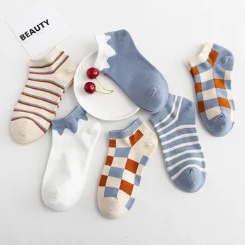 

Summer Ins Cute Cotton Women Low Cut Socks Japanese Harajuku Plaid Striped Blue Elastic Cozy New Female Ankle Short Socks Girls