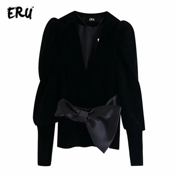 

ERU black casual velvet jackets women winter 2019 v neck long sleeve elegant bow coats female warm ladies work jackets mujer