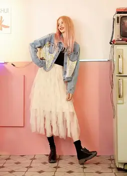 

retro print girls patchwork jeans coat 2019 autumn denim jacket women