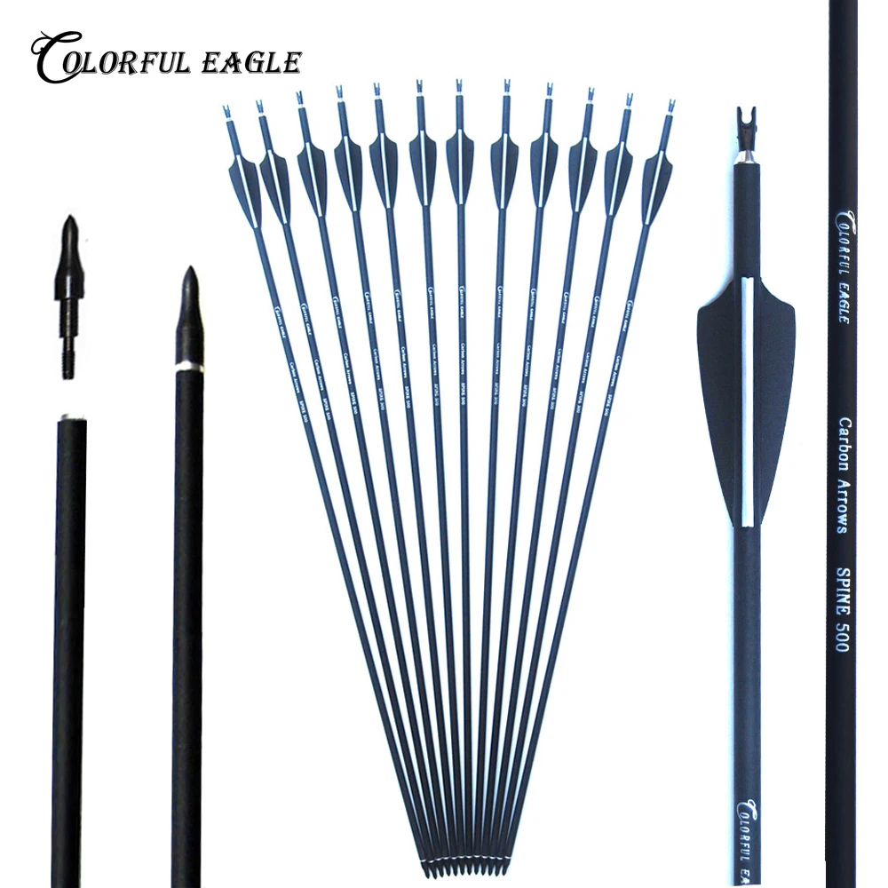 Flechas Tiro Con Arco Flechas De Carbono Para Tiro Con Arco - Spine 500, Plumas Naturales, 12 Unidades Para Caza Y Práctica Pack Flechas Carbono