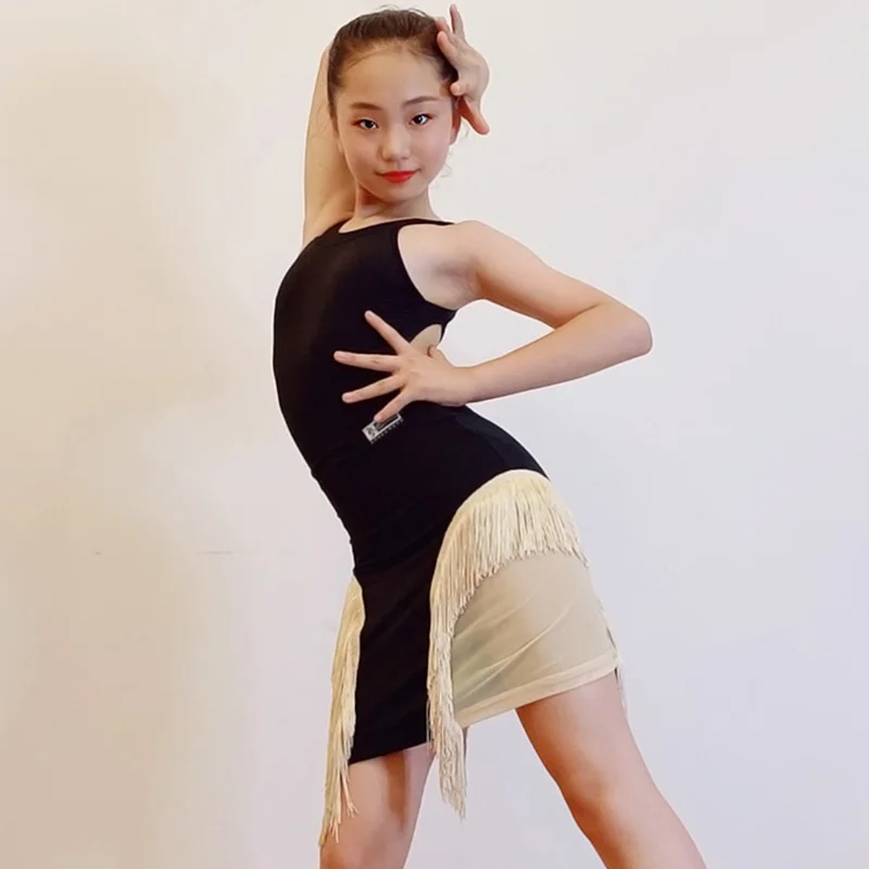 Girls Latin Dance Dress Rumba Cha Samba Tango Performance Costumes Kids Open Back Bodysuit Irregular Fringed Skirt DN6337 | Тематическая