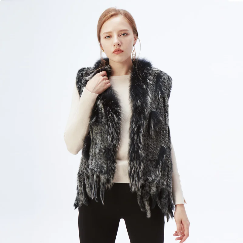 

Natural Rabbit Fur Vest With Raccoon Fur Collar New Color Waistcoat jackets knitted Gilets wool vest colete de pele de coelho