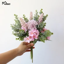 Букет из искусственного шелка Meldel, букет невесты, свадебный букет, розовый помпон, листья эвкалипта, листья бегонии, ручной работы, свадебный букет s