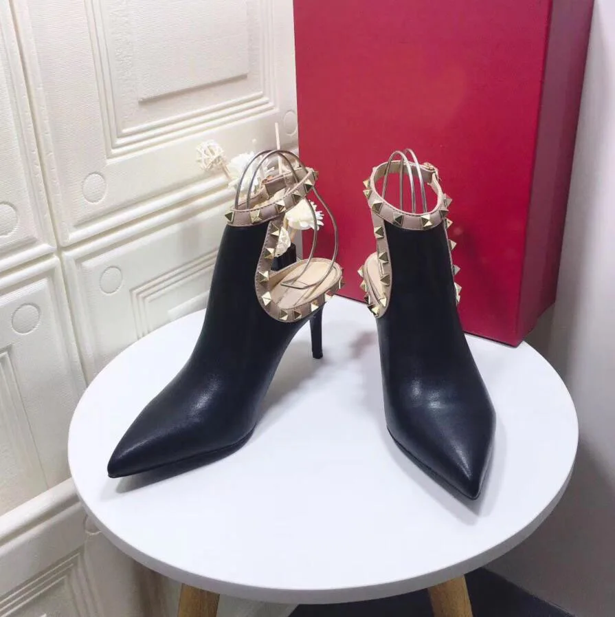 Роскошные женские ботильоны из черной кожи с шипами и острым носком; модные дизайнерские пикантные женские туфли-лодочки на высоком каблуке