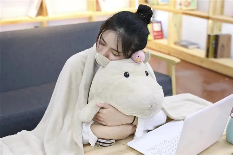 Cartoon Cute Elephant Hippo Pillow Blanket Dual Purpose Multi-functional Back Cushion Nap Blanket Folding Airable Blanket