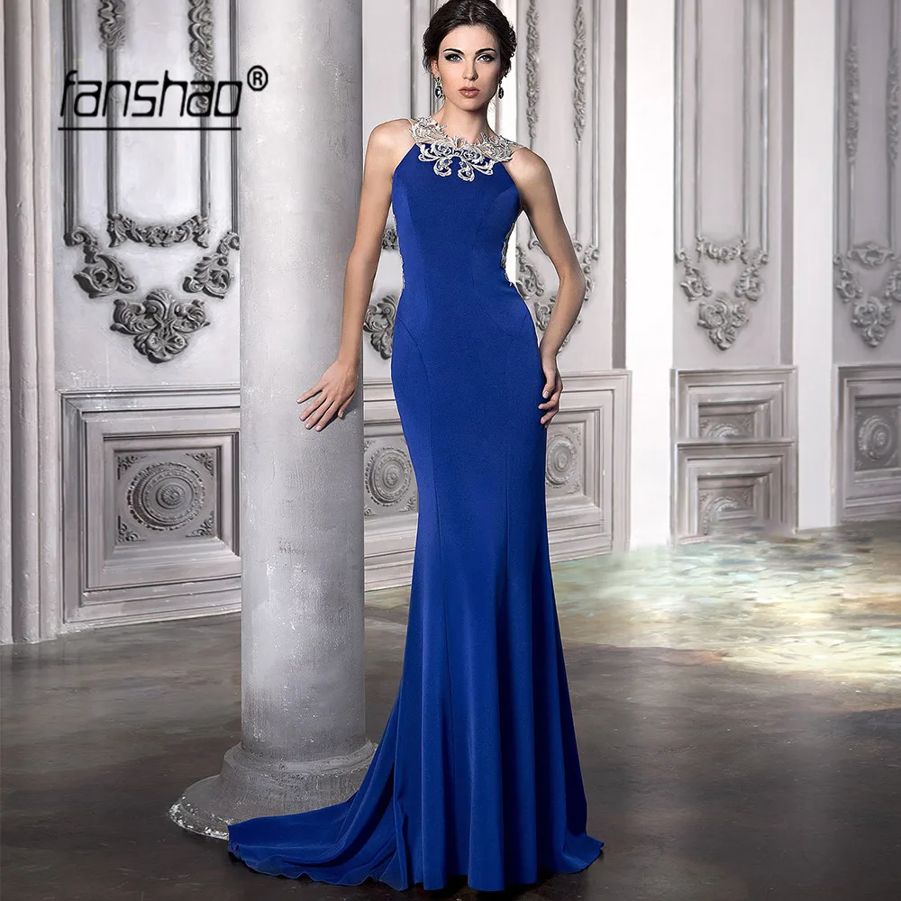 

Royal Blue Muslim Evening Dresses Satin Mermaid Appliques Backless Dubai Saudi Arabic Evening Gown Prom Dress