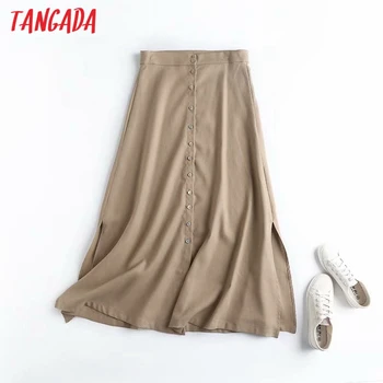 

Tangada women 80% cotton 20% linen midi skirt faldas mujer vintage buttons office ladies elegant chic mid calf skirts 4C68