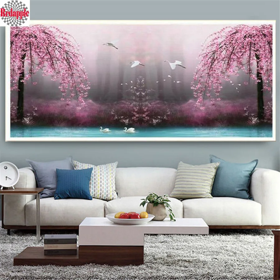 Алмазная живопись с большим Сакурой деревом пейзажем озера птицы полноразмерная
