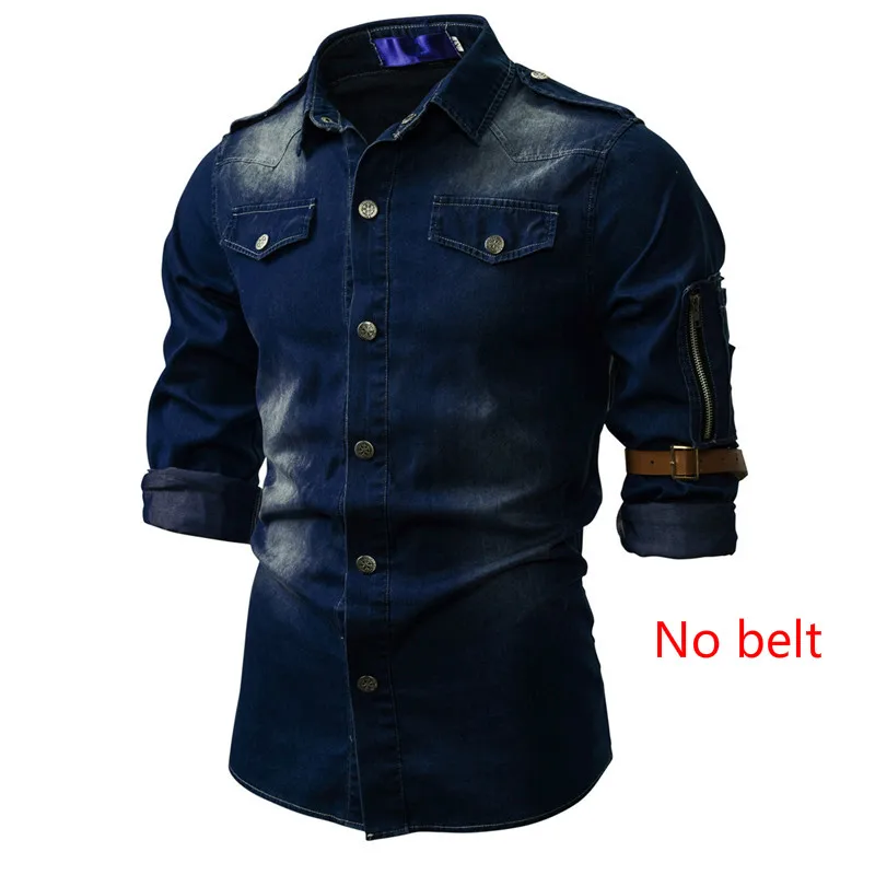 Dark Blue Мужская рубашка, деловая, повседневная, вареная, джинсовая рубашка, мужская, длинный рукав, Поддельные карманы, эполет, дизайн, джинсовая рубашка, топы, мужская одежда - Цвет: Dark Blue
