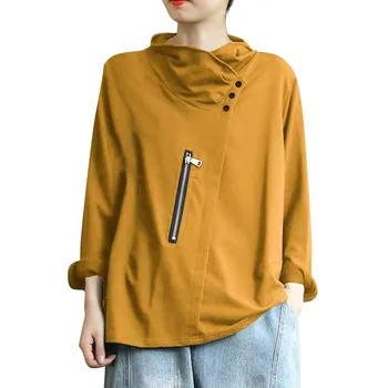 

Women's Plus Size Blouse New Solid Zipper Button Turtleneck Long Sleeve O-neck Pullover Autumn Winter Fashion Casual Tops