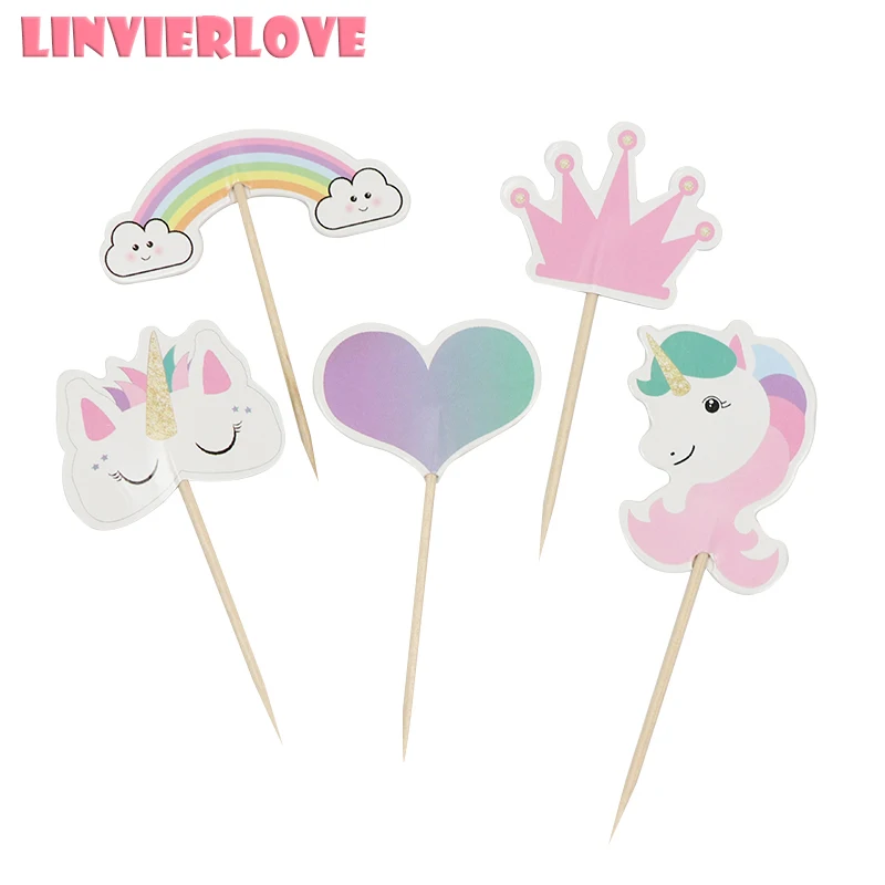 LINVIERLOVE 24pcs/pack Pink Unicorn Crown Cupcake Topper For Kids Birthday Party Cake Decortion Boys Girls Supplies | Дом и сад