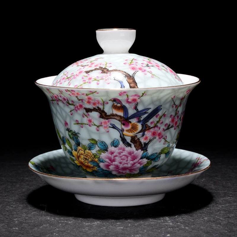 

Jingdezhen Ceramic Tea Tureen Hand-painted Enamel Pastel Flowers and Birds Cover Bowl Chinese KungFu Gaiwan Tea Cup Bowl Teaware