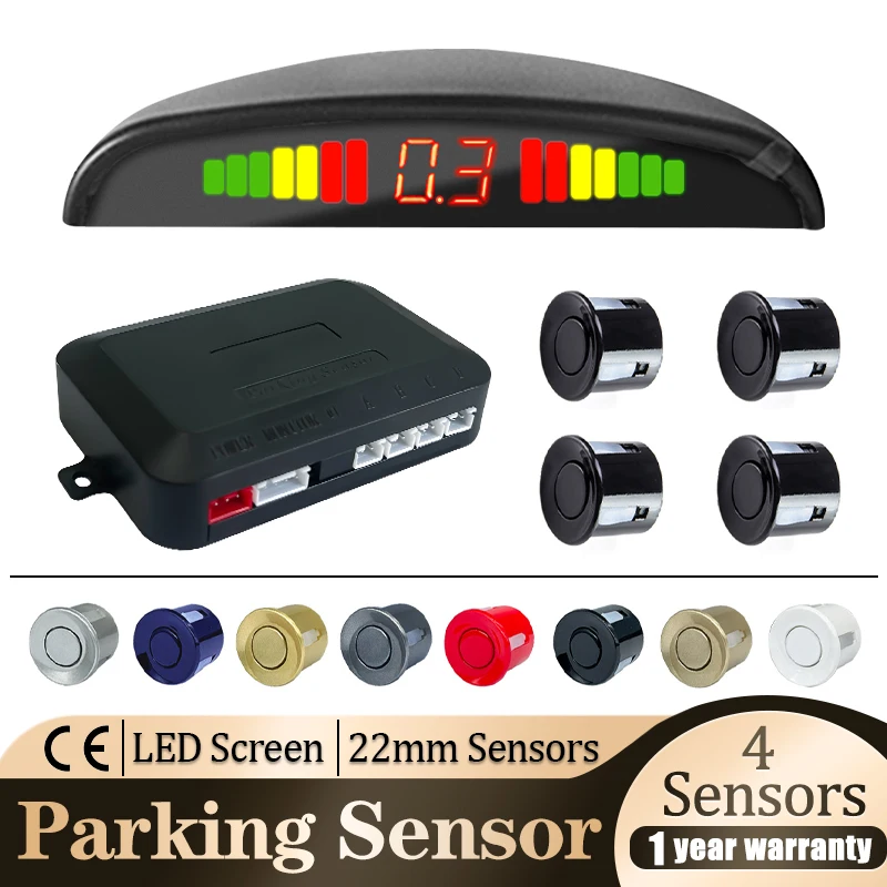 Kit Sensor de Estacionamento com Display LED, Radar Reverso Backup, Sistema de Monitoramento, Retroiluminação, 4 Sensores, 22mm, 8 Cores, 12V