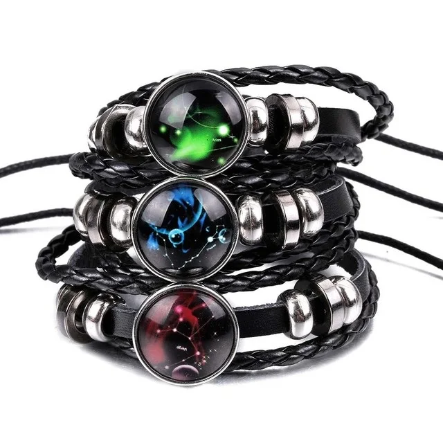 MixMax 12pcs/set 12 Constellations Luminous Handmade Leather Bracelets Snaps Bangles Jewelry Glow in the dark 2
