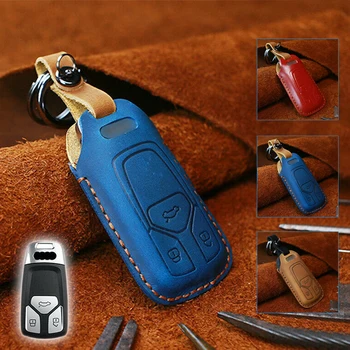

Car Handmade Genuine Leather Key Cover Holder Case For Audi New Q7 TT A4 B9 A7 TDI Quattro TTS Sline Smart Key Protect Keychain