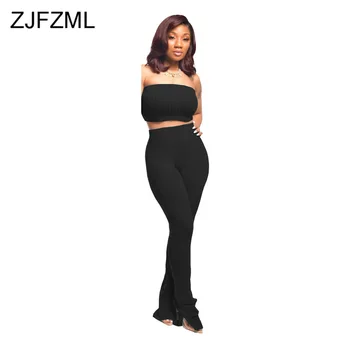 

Solid Sexy 2 Piece Sets Womens Outfits Strapless Backless Crop Top and High Waist Side Split Flare Pants Summer Matching Sets
