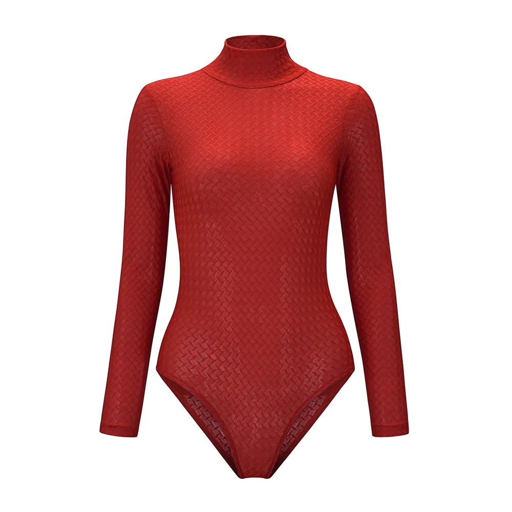 sexy bodysuit Shestyle Texture Sexy Turtleneck Bodyuits Women Red Black Solid Long Sleeve Elegant Office Lady Skinny Christmas Clothing black lace bodysuit