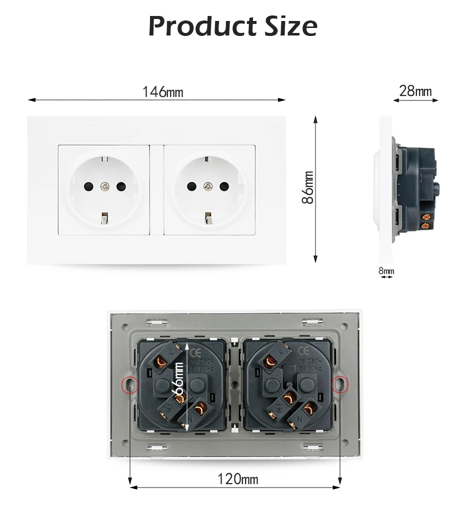 UNKAS Высокое качество Золотой пластик стены Мощность Двойной разъем заземлен, 16A ЕС стандартный Электрический двойной выход 146 мм* 86 мм