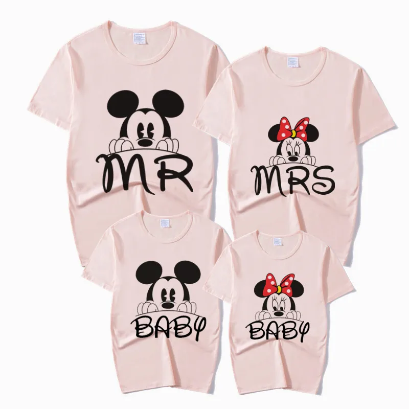 P1603-pink Семейные футболки с принтом «MR MRS BABY»; одинаковые комплекты с принтом «мышь»; футболка для мамы, папы и сына; семейная Одежда для маленьких девочек; детская футболка - Цвет: P1603-pink