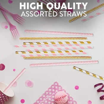 

New 2Pc Rose Gold Metallic Tinsel Foil Fringe Curtains and 50 Paper Straws - Party Supplies and Decorations-Photo Booth Props an