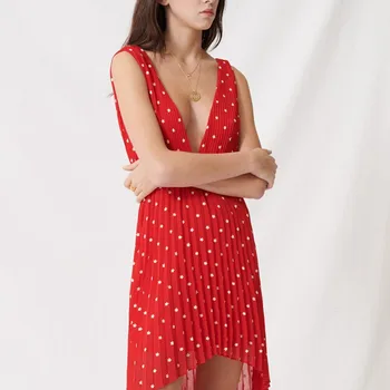 

Red Color Pleated Mini Dress Women's Polka-dot Printing Deep V Asymmetry Embroidery Floral Sleevless Spaghetti Strap Dress