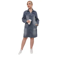 

Long Sleeve Denim Knee Length Dress With Lapel Women Clothing Pockets Pure Color Plus Size Dresses Vestidos Elegantes Para Mujer