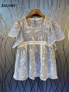 

High Quality Cotton Blouses 2020 Summer Tops Women Allover Exquisite Embroidery Short Sleeve Blue Black Basic Tops Shirts Ladies