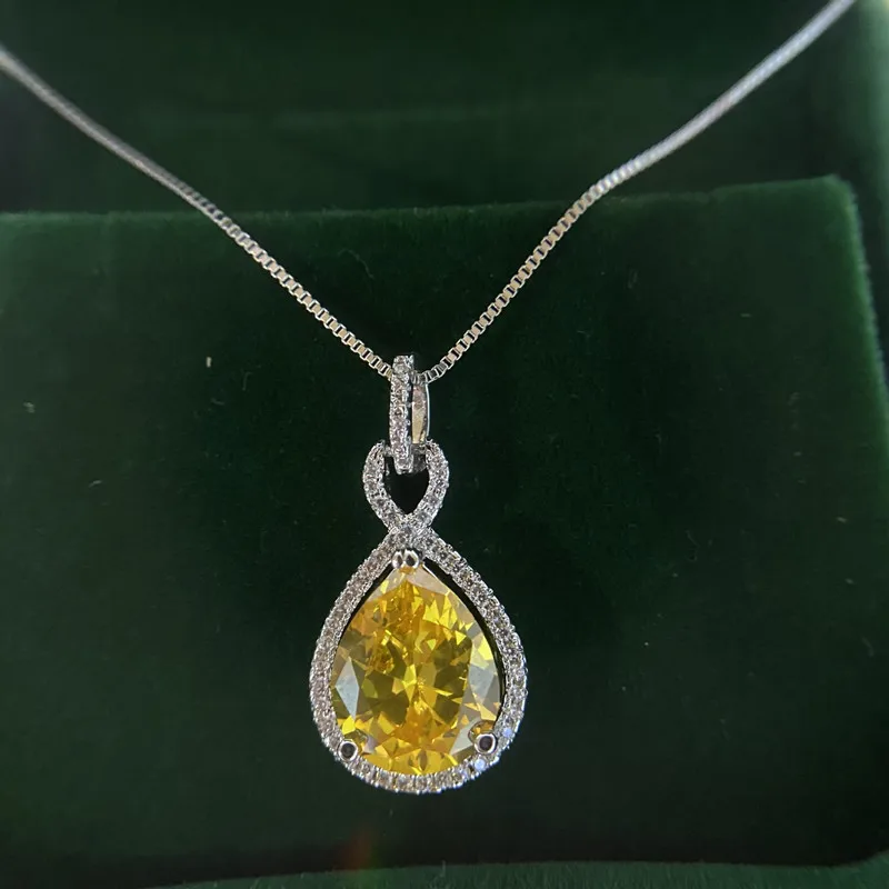 Buyee Halskette mit Anhänger aus 925er-Sterlingsilber, hellgelber Kristall, weißer Zirkon, für Frauen, Hochzeit, edle Schmuckkette