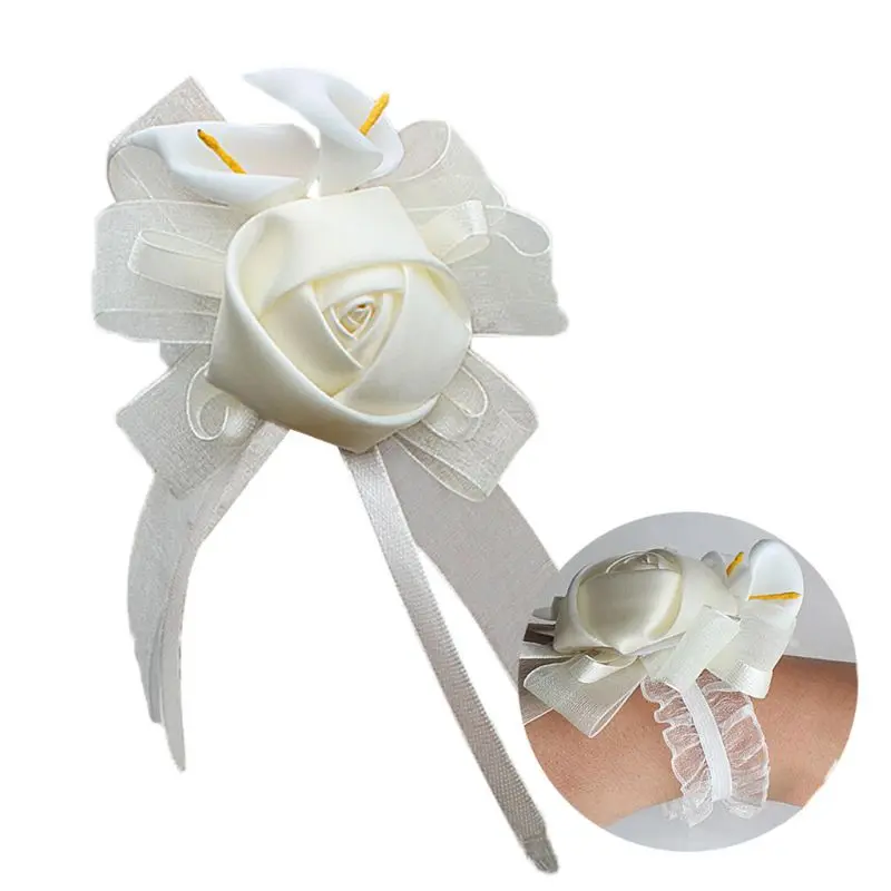 

Wedding Bride Bridesmaid Calla Lily Hand Wrist Flower Artificial Rose Ribbon Corsage Adjustable Lace Bracelets Engagement Decor