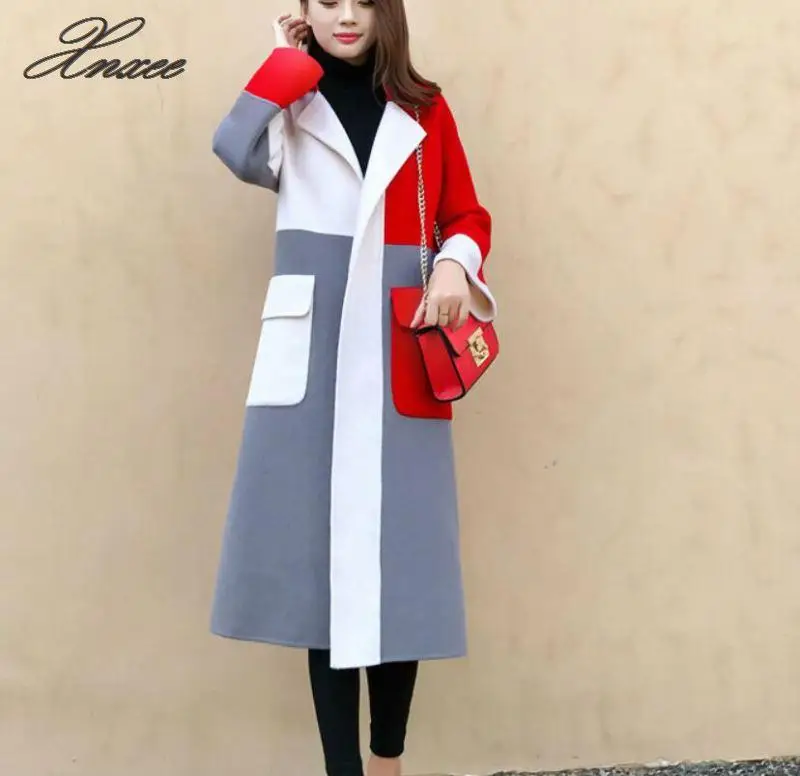 

Spring new elegant contrast color lapels long wool coat women's autumn winter high quality blend long-sleeved blazer outwear