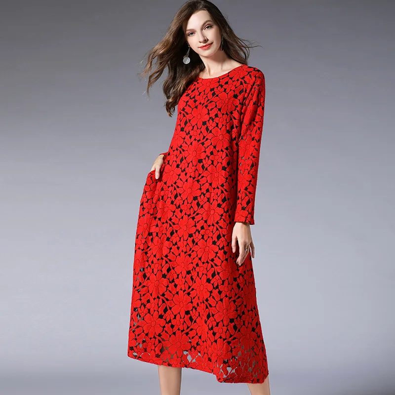 

LANMREM 2019 New Fashion Autumn Trend Temperament Slim Thin Fit Lace Hollow Out Full Sleeve Long Length Women The Dress AI989