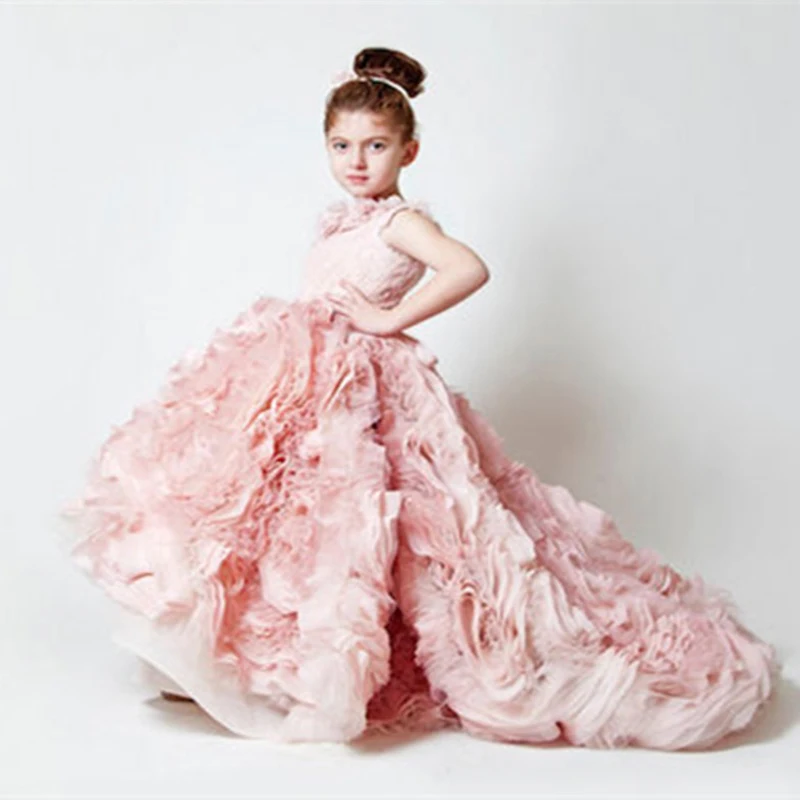 Платья с цветочным узором для девочек; нарядные платья для девочек; платья для первого причастия для девочек; RTT-0498 без рукавов с розовыми оборками