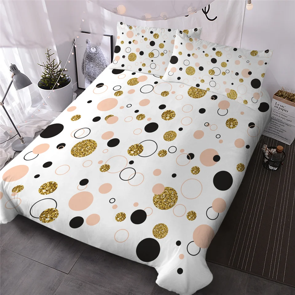 

HM Life Duvet Cover Sets Golden Geometric Print Bedding Set Queen Size Glitter Dots Quilt Covers Modern Stylish Bedclothes