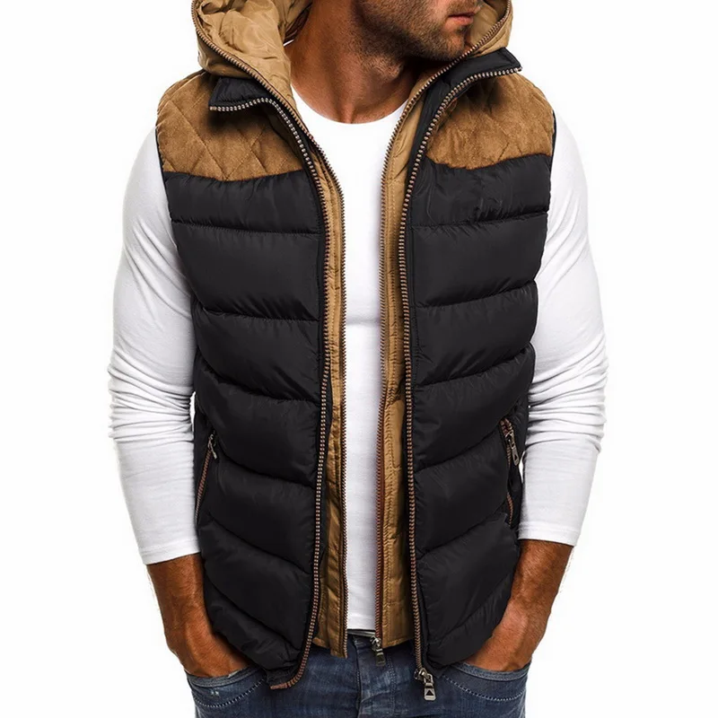 

Puimentiua Warm Winter Vest Men Casual Patchwork Sleeveless Jacket Waistcoat Male Cotton Vest Hooded Coat Tops Plus Size S-5XL
