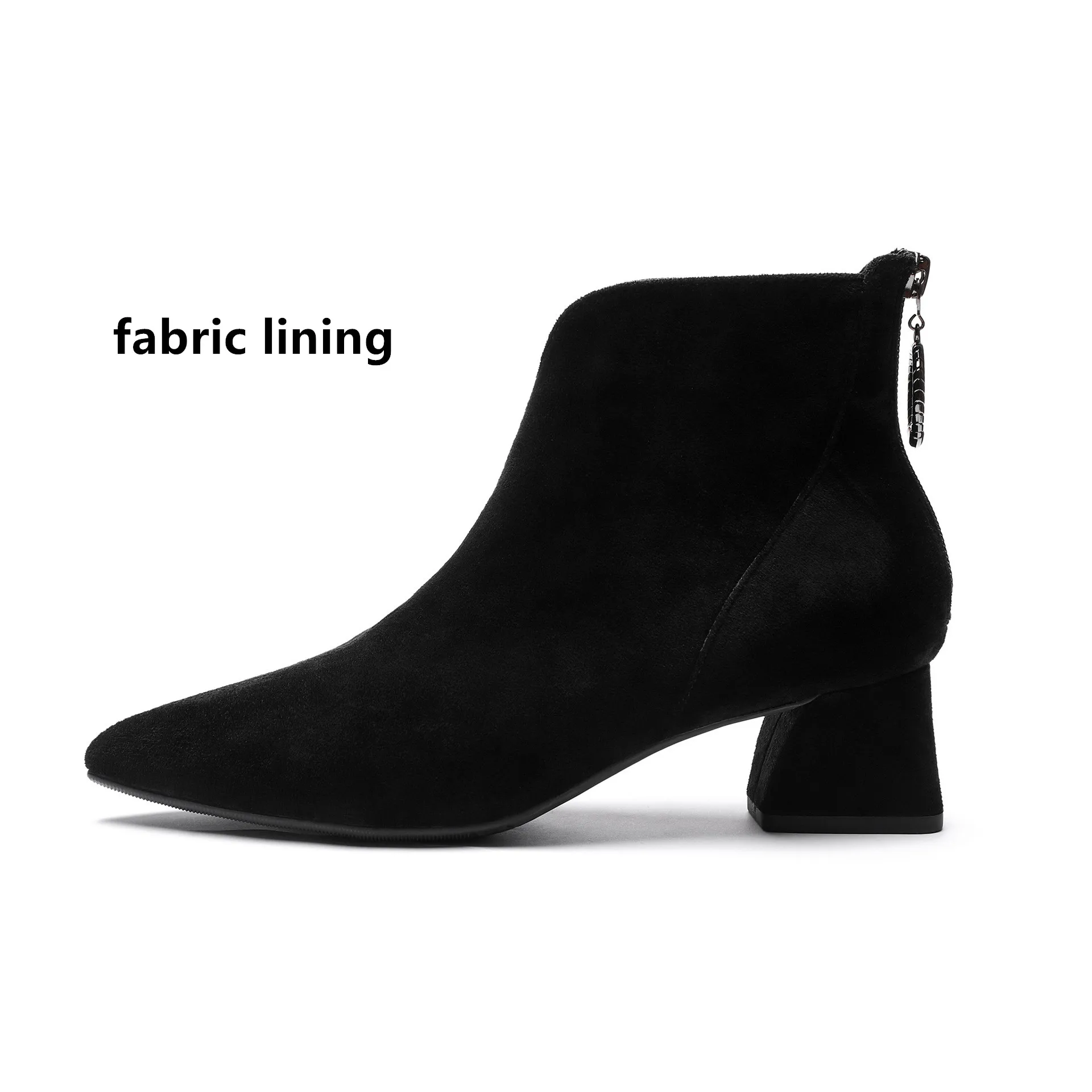 Женские ботинки; короткие ботильоны на резиновой подошве; однотонные черные ботинки из флока с волнистым узором на квадратном среднем каблуке с острым носком; зимние ботинки размера плюс - Цвет: black fabric 3