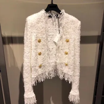 

European Autumn Winter Coat Women 2019 Elegant White Tassel Va-neck Long Sleeve Short Wool Coat Jacket Female