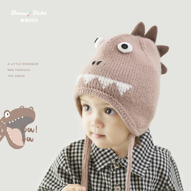 Autumn Winter Children's Wool Hat New Korean Version Dinosaur Cute Newborn Infant Warm Ear Baby Knitted Cap | Детская одежда и