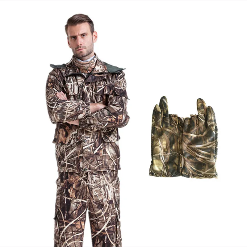 Suit Glove Прочный Reed bulrush камуфляж Рыбалка охотничий костюм дышащий бионический камуфляж костюм флис водонепроницаемый ветрозащитный камуфляж куртка брюки - Цвет: Suit Glove