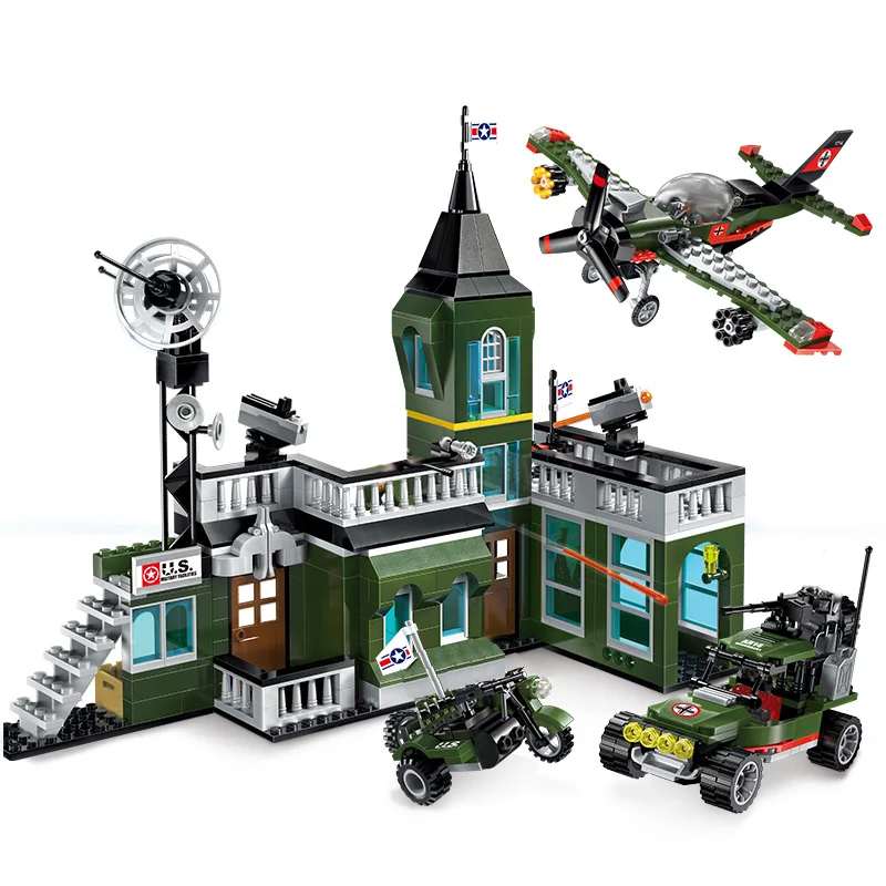 

Enlighten Building Block Military Battle Army Land Force Bombing command headquaters 6 Figures 627pcs Educational Bricks -No Box