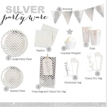 

Silver Striped Disposable Tableware Paper Plates Cup Straw Gift Bag Baby Shower Decor Kids Birthday Party Wedding Supplies