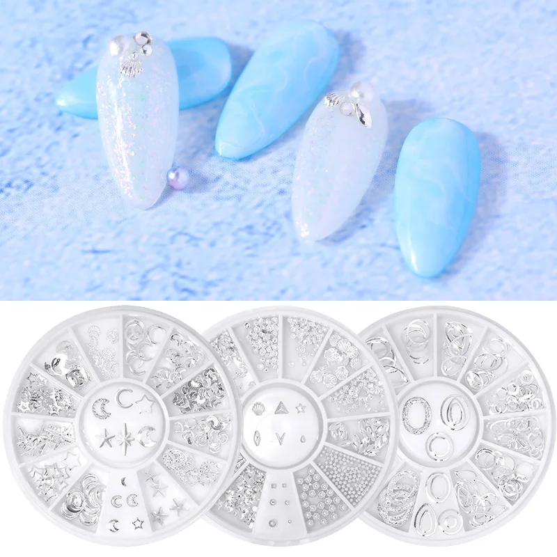 

1 Box Hollow Nail Rhinestones Rivets Silver Geometric Star Moon Mixed Pattern Nail Studs DIY 3D Nail Art Decoration in Wheel DIY