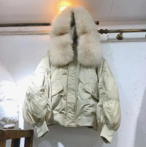 real fox fur Большой натуральный Лисий меховой воротник с капюшоном белый пуховик свободный короткий пуховик зимняя куртка Женская Толстая Женская парка - Цвет: real fox fur