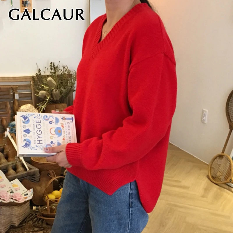 

GALCAUR Vintage Knitted Women's Sweater V Neck Long Sleeve Side Split Pullovers Female Autumn Winter Fashion New Clothes 2019