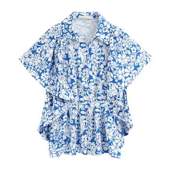 

Casual flower print ruffled blouse women short sleeve lapel female casual tops retro chic blusas mujer