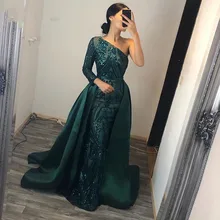 Elegante vestido de noite sereia verde 2021 muçulmano um ombro com trem destacável lantejoulas rendas vestidos de festa baile