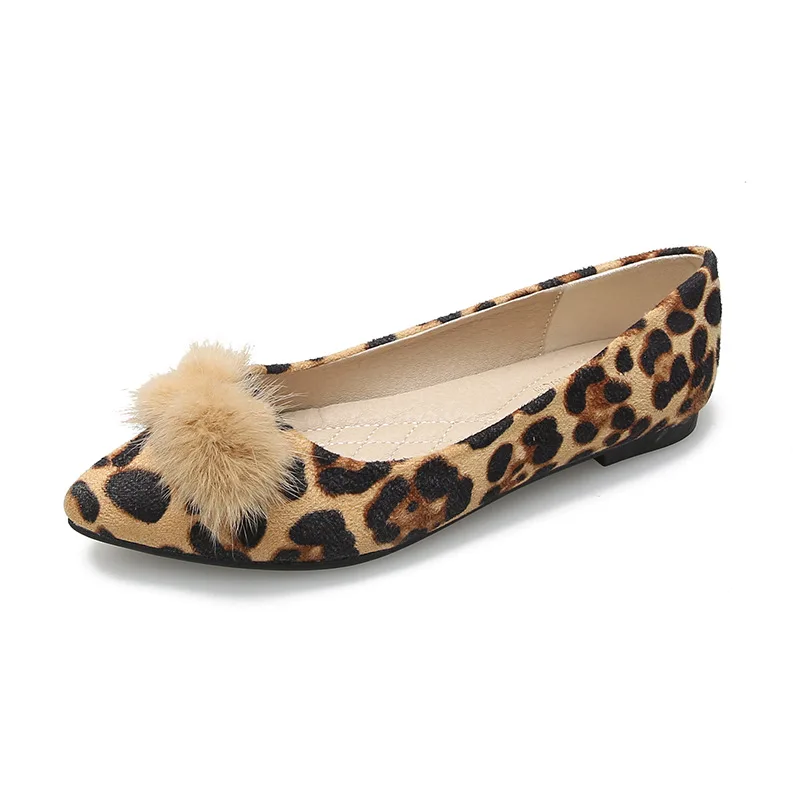 

Woman Leopard Flats Fur Mink Hair Ladies Dress Shoes Flat Bottomed Loafers Ballerina Fur Balls Single Shoes