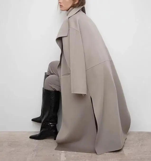 2019FW модное пальто с запахом, большой воротник с лацканами, элегантный серый кашемировый шерстяной большой длинный Тренч, Боковой разрез, открытые передние карманы